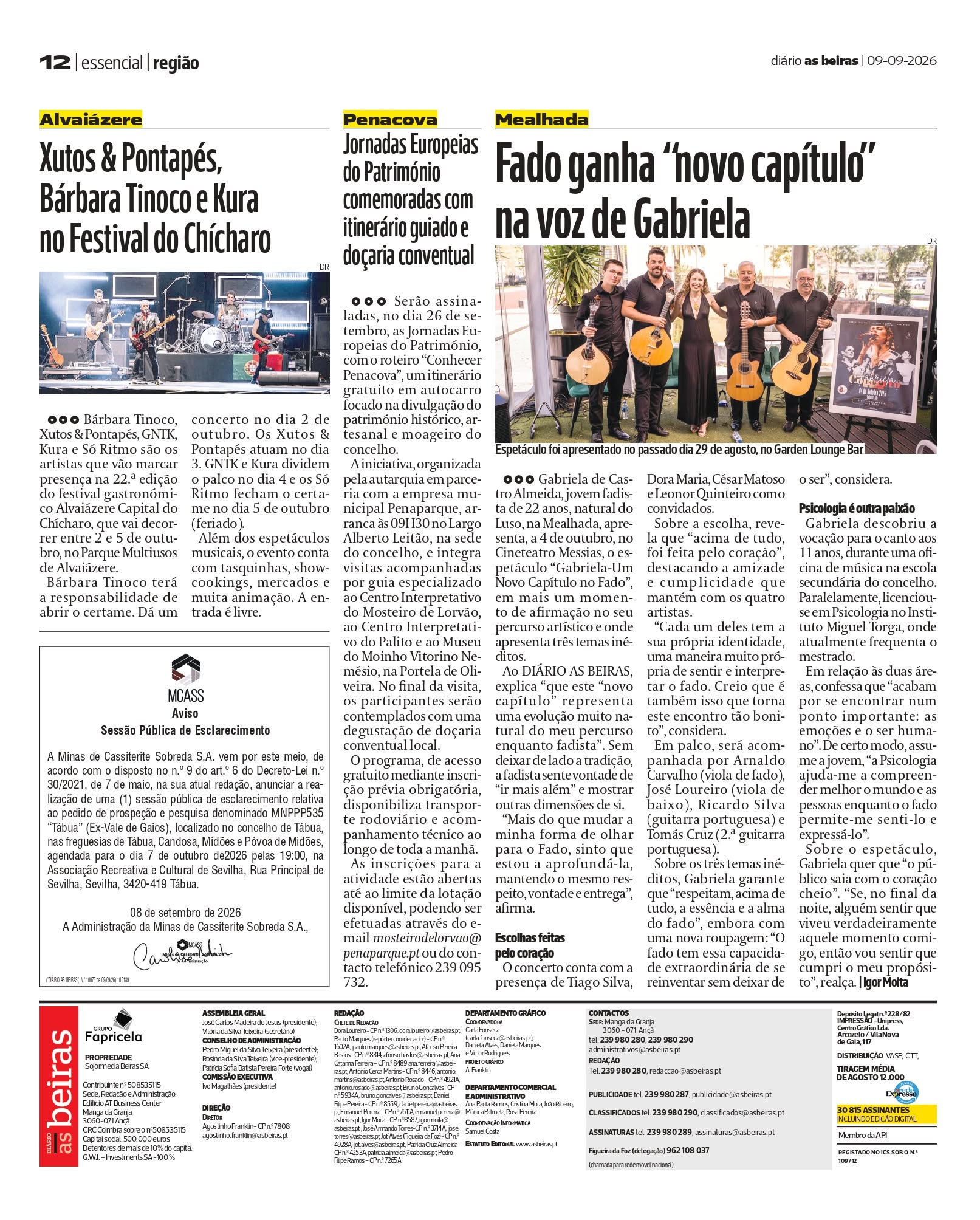 Recorte da edição de 9 de setembro de 2026 do Diário As Beiras com notícia sobre Gabriela